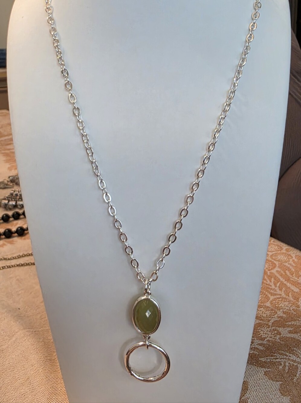 Silver Chain Necklace with Olive Green Gemstone Pendant - Women Jewelry